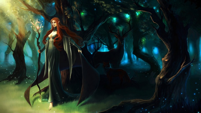 Elf woman with staff in a magical forest with deer