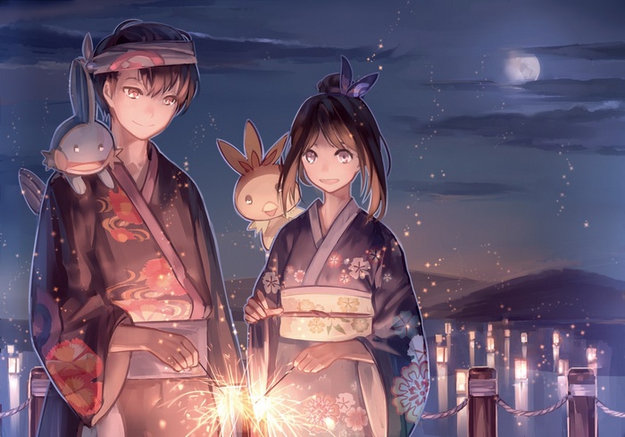 Pokémon characters in kimonos with sparklers at night
