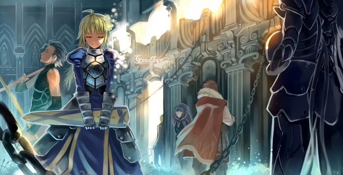 Fate Series characters in a courtyard