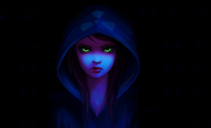 Artwork of a woman with glowing green eyes wearing a hooded jacket