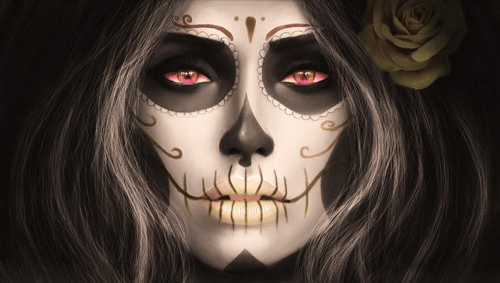Santa Muerte Sugar Skull Woman with Yellow Rose