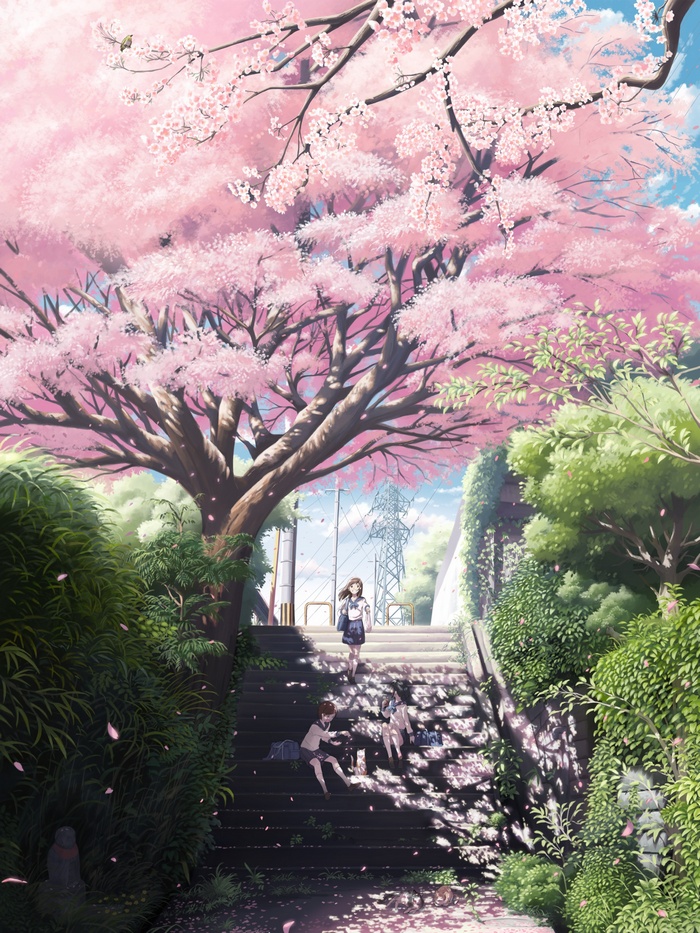 Anime girls in school uniforms under cherry trees