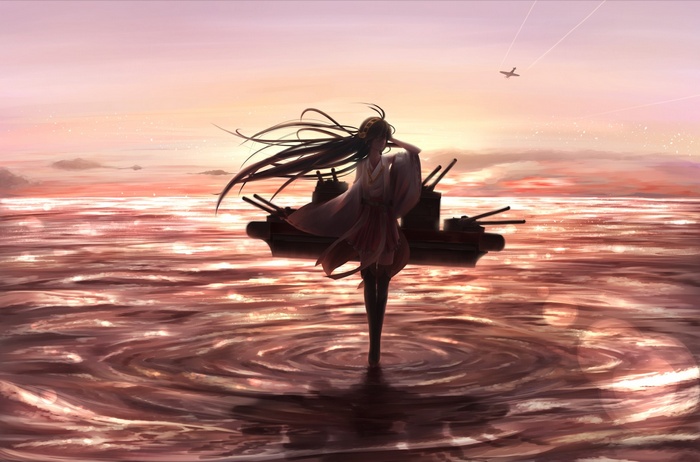 Haruna (KanColle) standing on water at sunset