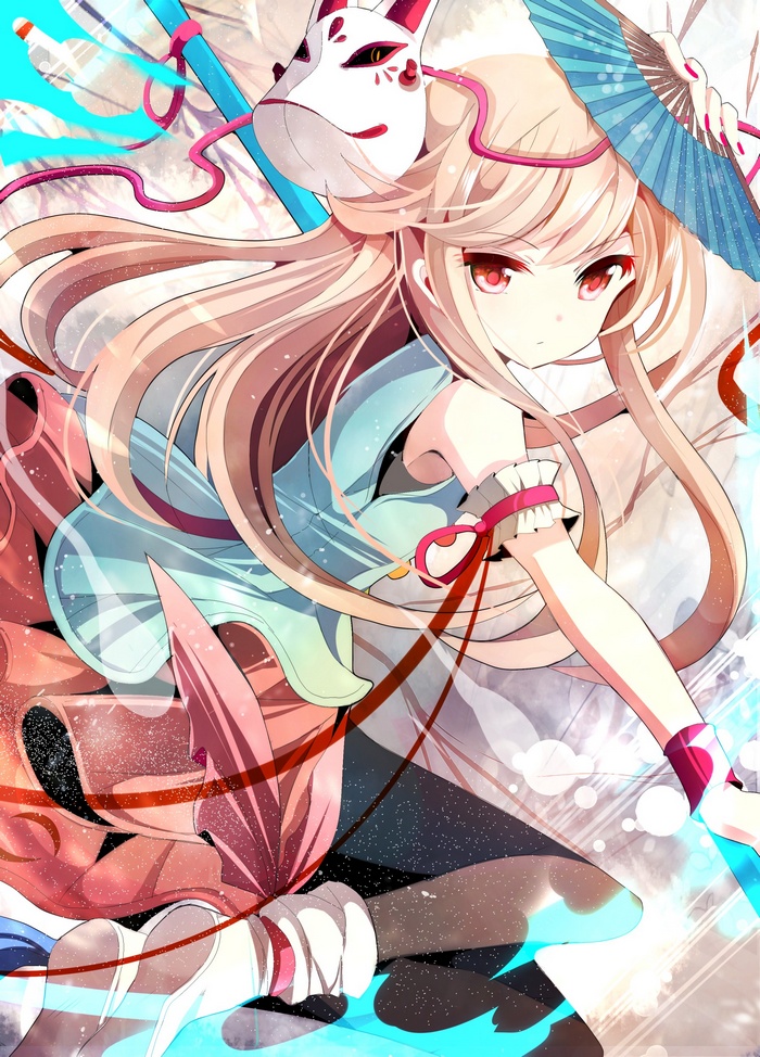 Hata no Kokoro from Touhou with a mask and fan