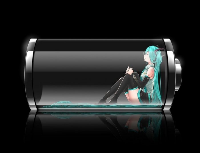 Hatsune Miku sitting inside a battery