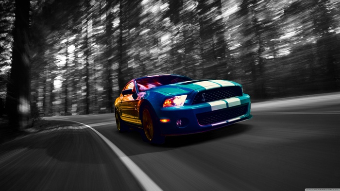 Blue Ford Mustang Shelby GT500 driving on a forest road