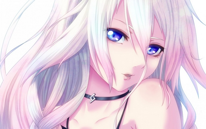 IA Vocaloid with long white hair and blue eyes