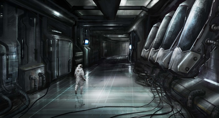 Astronaut in a futuristic metallic corridor with wires