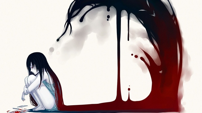 Anime girl sitting in blood with dark ink