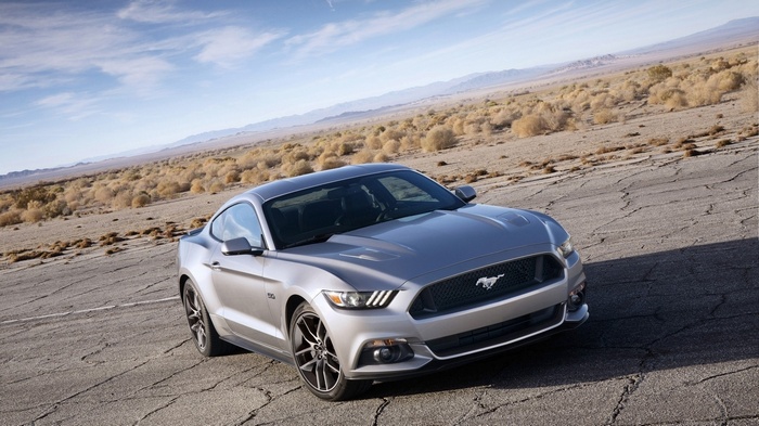 2015 Ford Mustang GT in a desert landscape