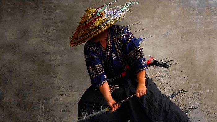 Samurai with paint splatter hat and katana