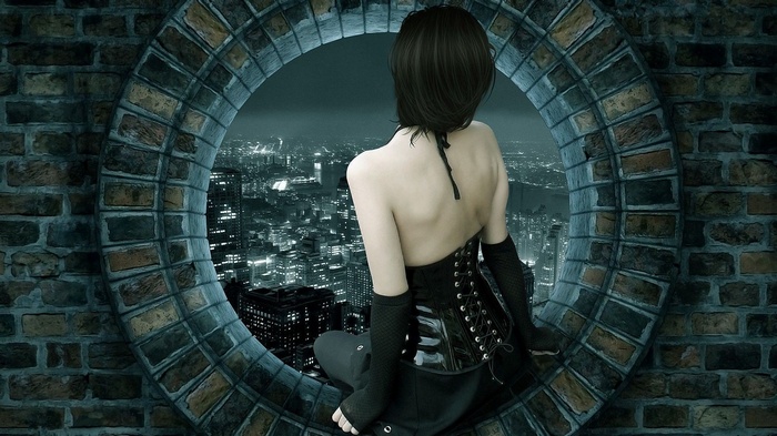 Woman in corset looking at cityscape through brick window