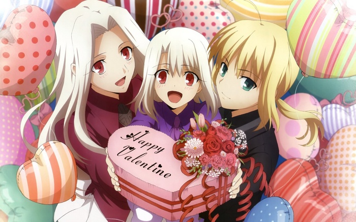 Illyasviel, Irisviel, and Saber with Valentine's Day gifts