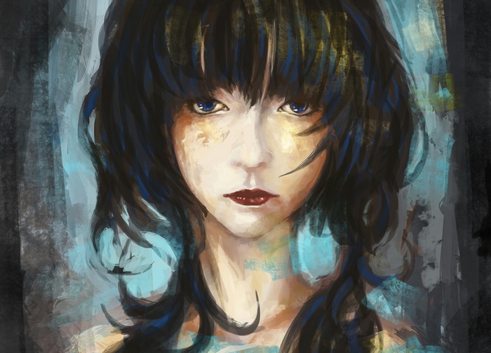 Artwork of a woman with dark hair and blue eyes