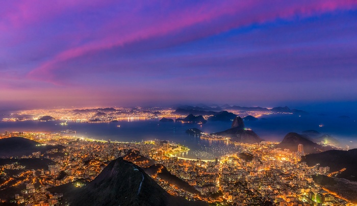 Rio de Janeiro cityscape at dusk with Sugarloaf Mountain