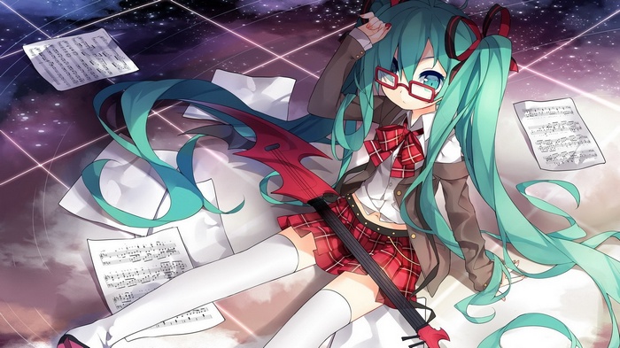 Hatsune Miku with a guitar and sheet music