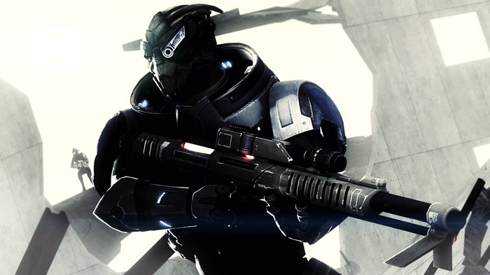 Mass Effect soldier with rifle in destroyed environment