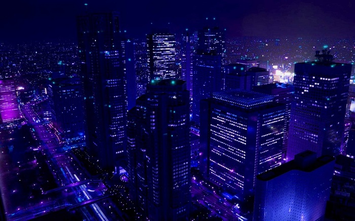 Night cityscape with illuminated skyscrapers and roads