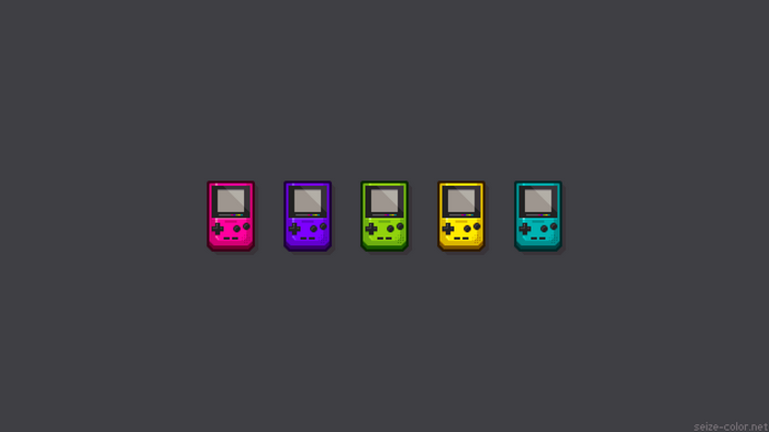 Five colorful pixel art GameBoys in a row