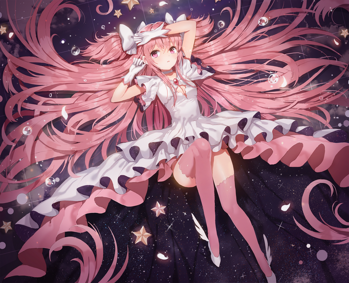 Mahou Shoujo Madoka Magica, Kaname Madoka, thigh-highs, long hair, stars, dress