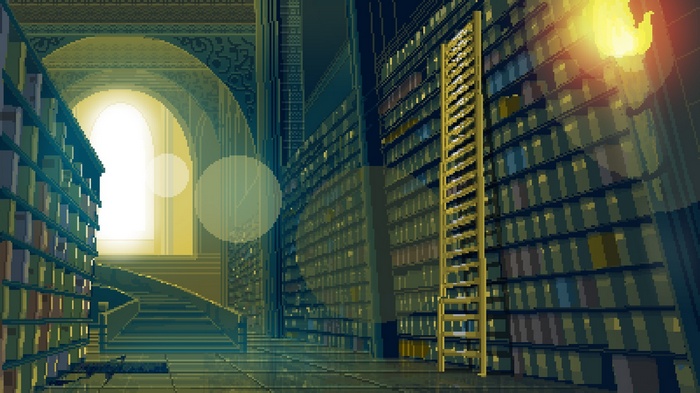 Pixel art library with bookshelves and a ladder
