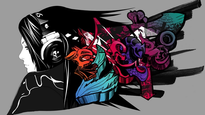 Woman with headphones and colorful graffiti art
