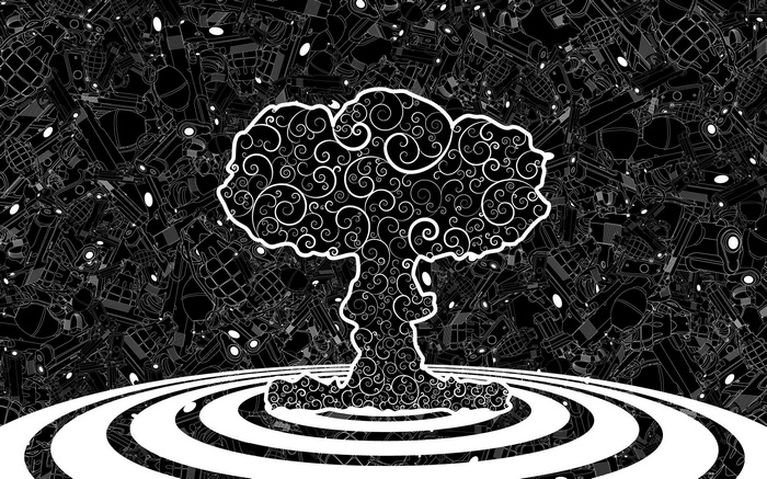 Monochrome explosion of bombs and guns