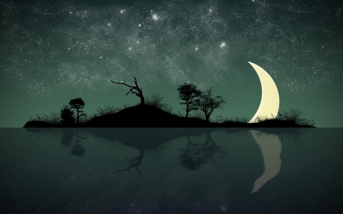 Crescent Moon over a Starry Night Sky and Water