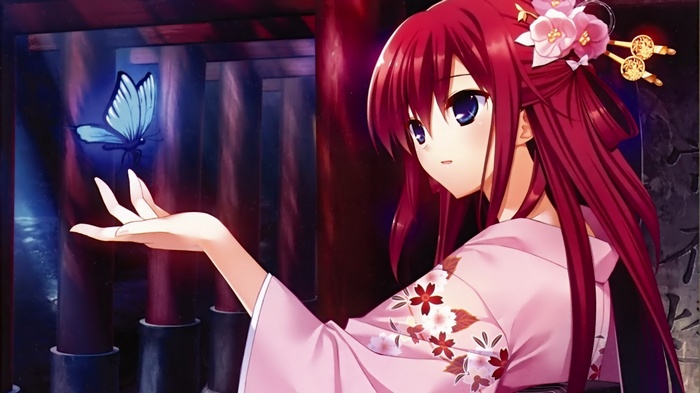 Amane Suou in a pink kimono with a butterfly
