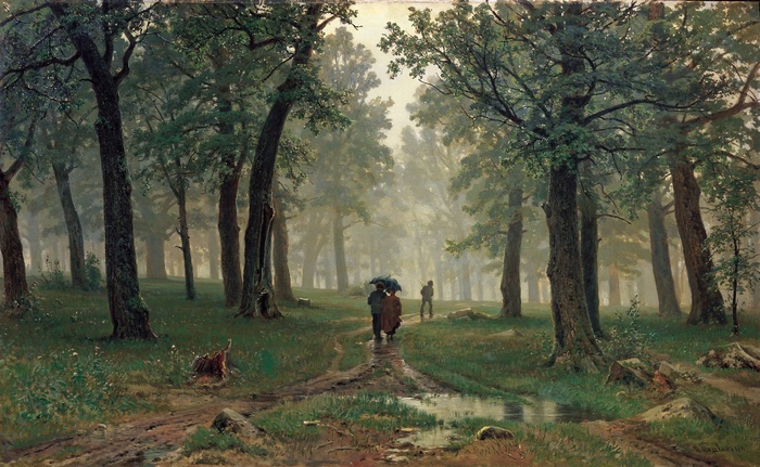 Painting of people walking in a misty forest
