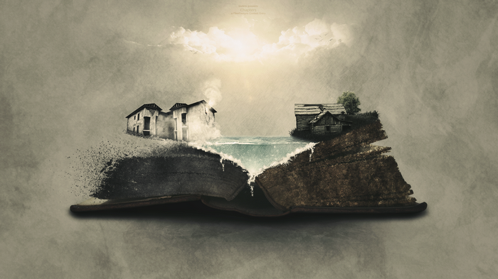 Open book with houses and water