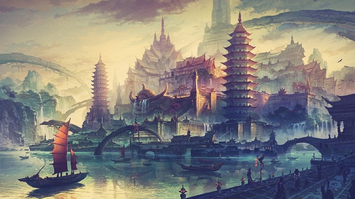 traditional art, boat, city, water, fantasy art, Chinese, drawing, ship, Asian architecture, China, Chinese architecture