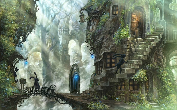 Fantasy art of a mystical forest village with rabbit-like creatures