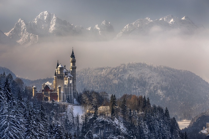 snow, mountains, architecture, trees, nature, landscape, winter, castle, tower, forest, hills, Neuschwanstein Castle, mist, Germany