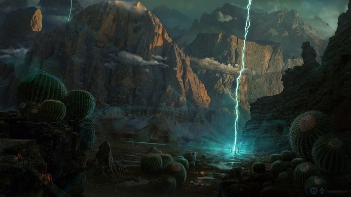Fantasy landscape with lightning striking mountains and cacti
