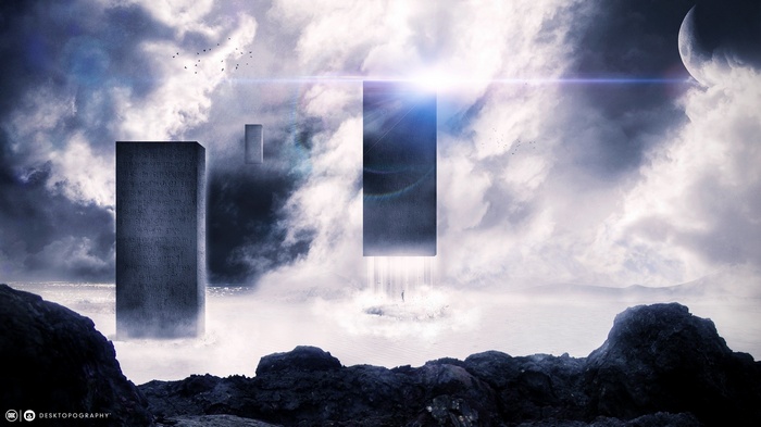Desktopography fantasy art monoliths in clouds