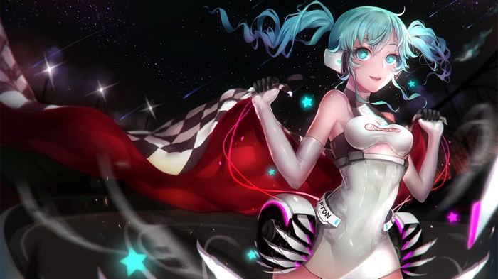 Hatsune Miku in a racing outfit holding a checkered flag