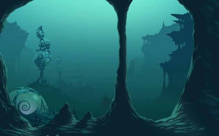 Fantasy underwater cave with glowing structures