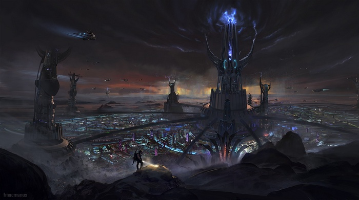Artwork by Finnian MacManus of a futuristic city