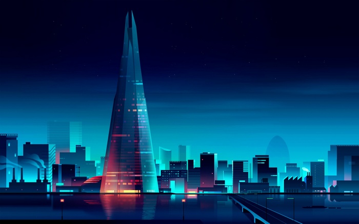 Night cityscape with a prominent skyscraper and bridge