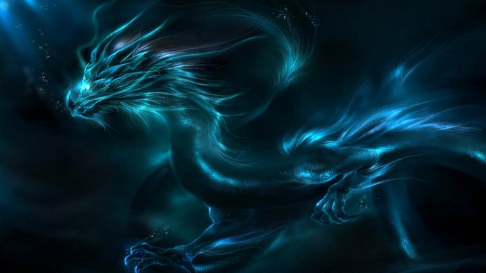 A glowing blue dragon swims in dark water