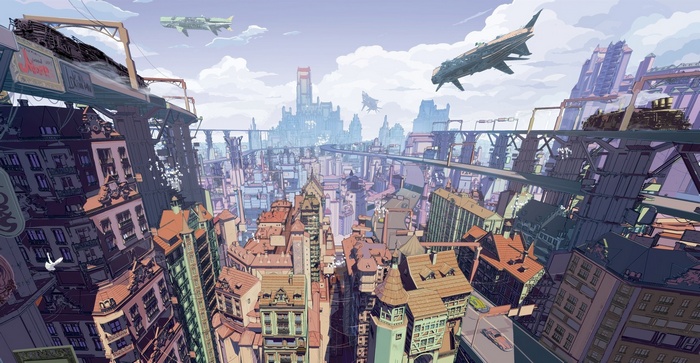 Science fiction city with flying vehicles and trains