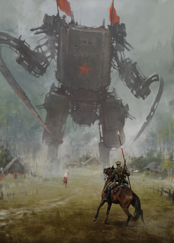 Giant Soviet Mech in a Village with Soldier on Horseback