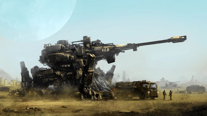 Giant mech with a large cannon in a desert landscape