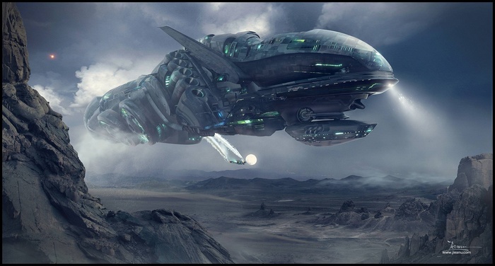 Massive spaceship hovering over a desolate alien landscape