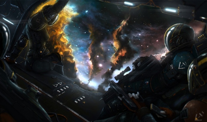 Astronauts in a spaceship looking at a nebula