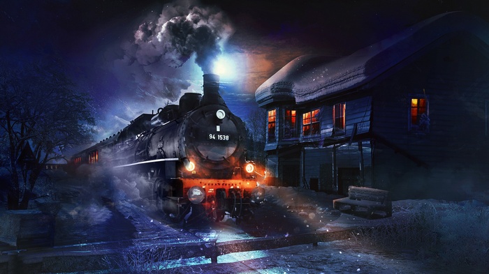 Steam locomotive at night near a snowy house