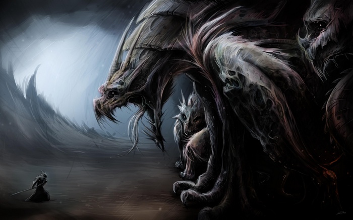 Fantasy art of a warrior facing a dragon creature