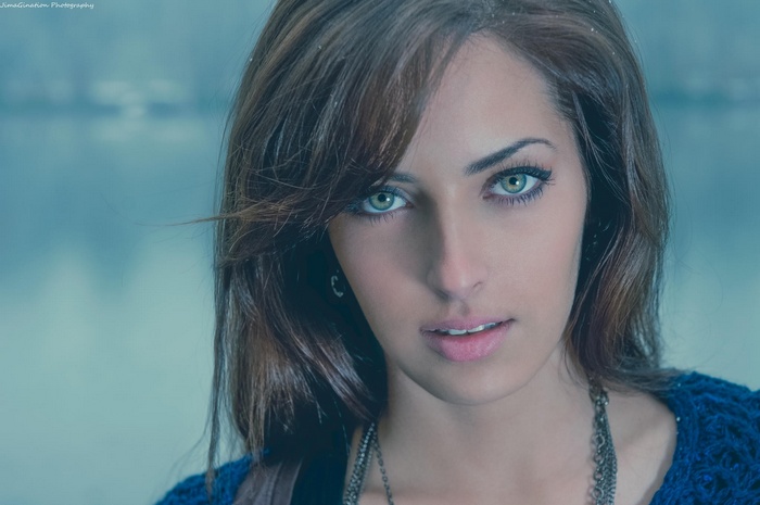 green eyes, Sarah Allag, women, looking at viewer, model, brunette