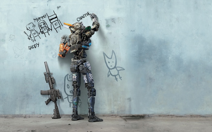 Chappie robot drawing on a wall